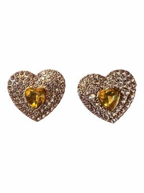 Crystal Heart Stud Earrings with Yellow Center - Women Jewelry